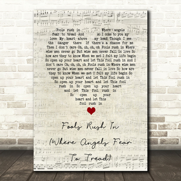 Elvis Presley Fools Rush In (Where Angels Fear To Tread) Script Heart Song Lyric Wall Art Print