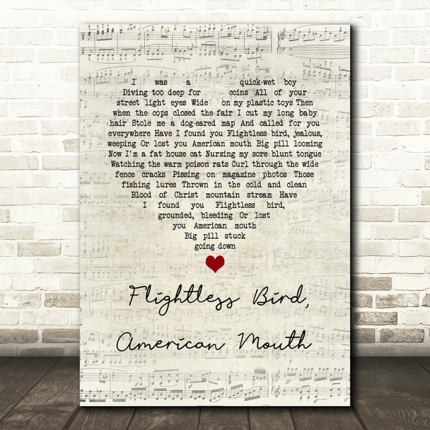 Iron & Wine Flightless Bird, American Mouth Script Heart Song Lyric Wall Art Print
