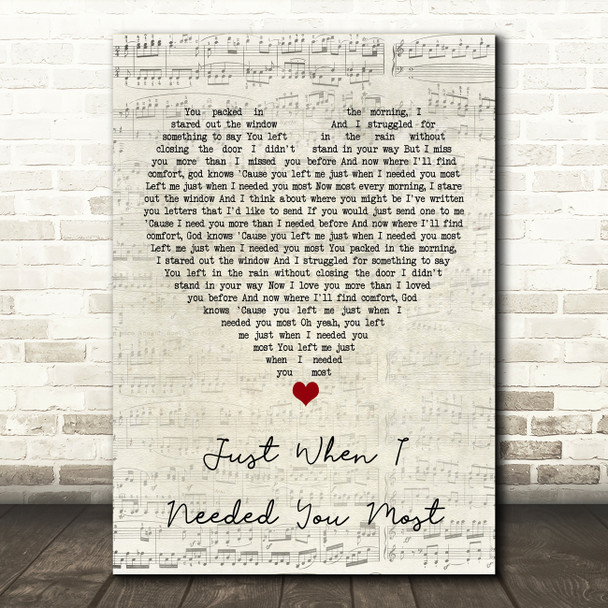 Randy VanWarmer Just When I Needed You Most Script Heart Song Lyric Wall Art Print