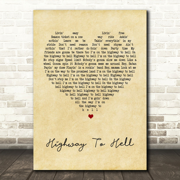 AC DC Highway To Hell Vintage Heart Song Lyric Quote Print