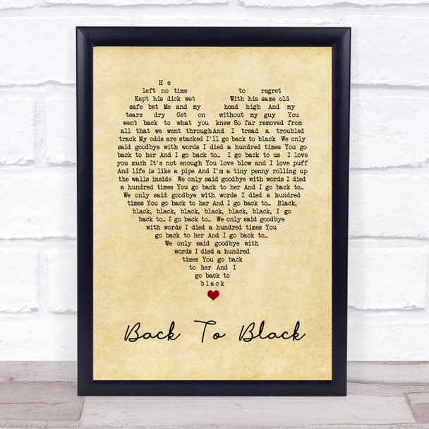 Back To Black Amy Winehouse Vintage Heart Quote Song Lyric Print