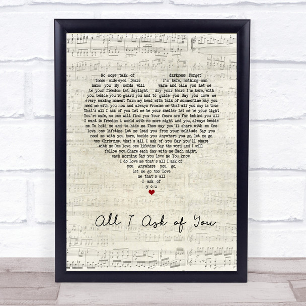 Andrew Lloyd Webber All I Ask of You Script Heart Song Lyric Wall Art Print