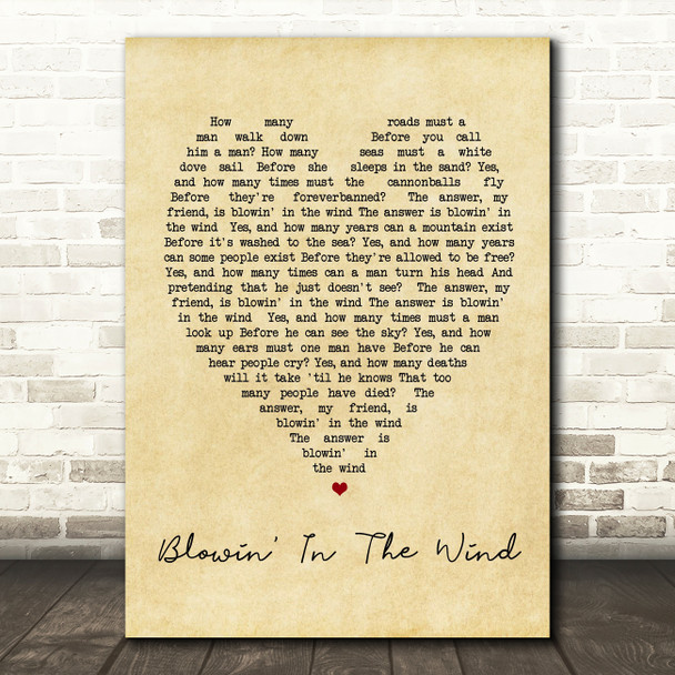 Blowin' In The Wind Bob Dylan Vintage Heart Quote Song Lyric Print