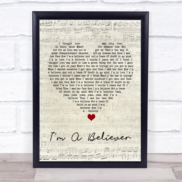 The Monkees I'm A Believer Script Heart Song Lyric Wall Art Print