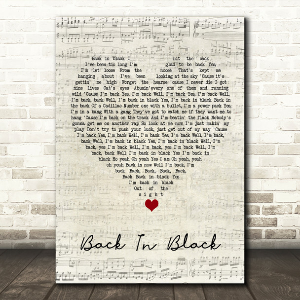 AC DC Back In Black Script Heart Song Lyric Wall Art Print
