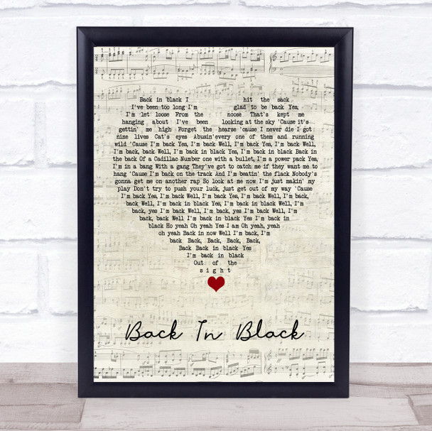 AC DC Back In Black Script Heart Song Lyric Wall Art Print