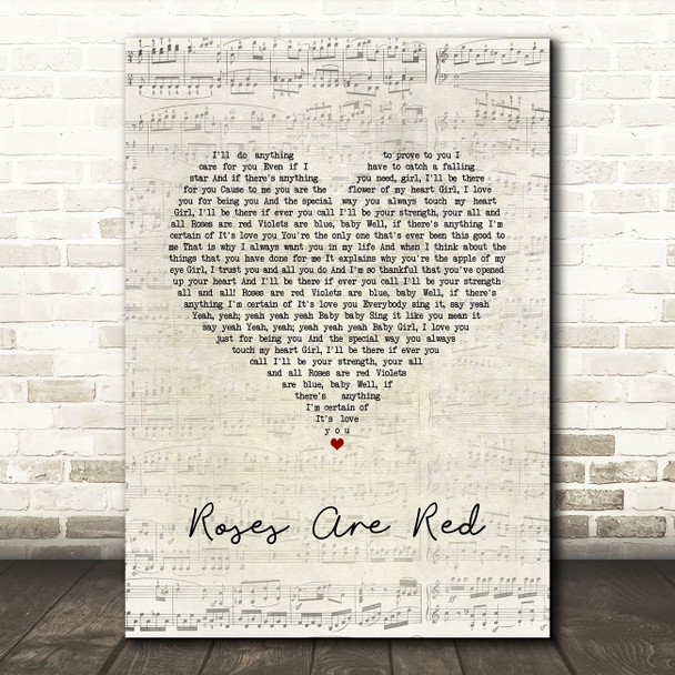 Mac Band Roses Are Red Script Heart Song Lyric Wall Art Print