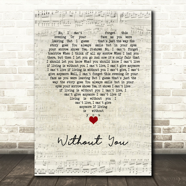 Harry Nilsson Without You Script Heart Song Lyric Wall Art Print