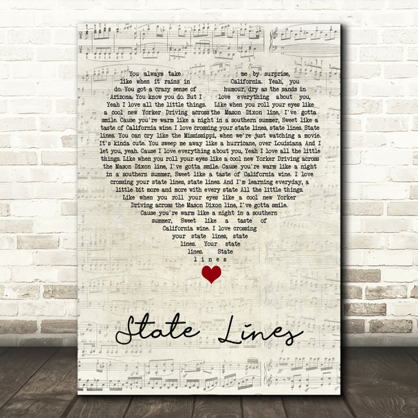 The Shires State Lines Script Heart Song Lyric Wall Art Print