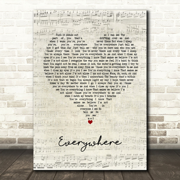 Michelle Branch Everywhere Script Heart Song Lyric Wall Art Print