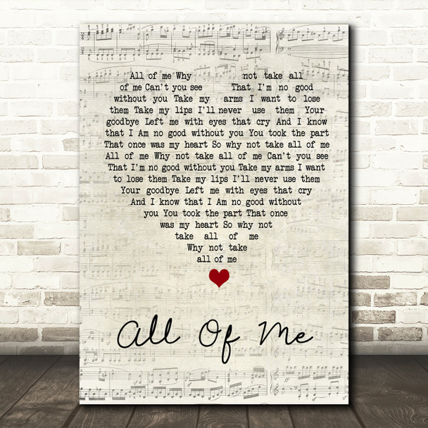 Willie Nelson All Of Me Script Heart Song Lyric Wall Art Print