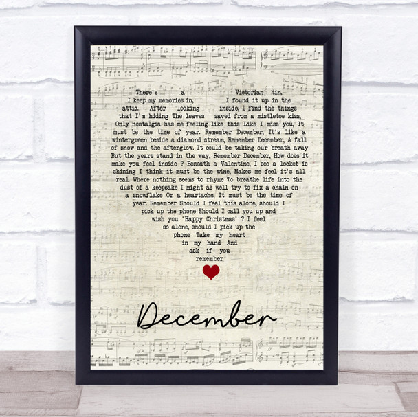 All About Eve December Script Heart Song Lyric Wall Art Print