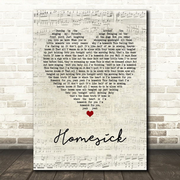 Kane Brown Homesick Script Heart Song Lyric Wall Art Print