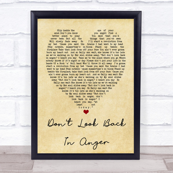 Don't Look Back In Anger Oasis Vintage Heart Quote Song Lyric Print