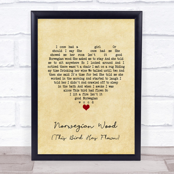 The Beatles Norwegian Wood (This Bird Has Flown) Vintage Heart Song Lyric Wall Art Print