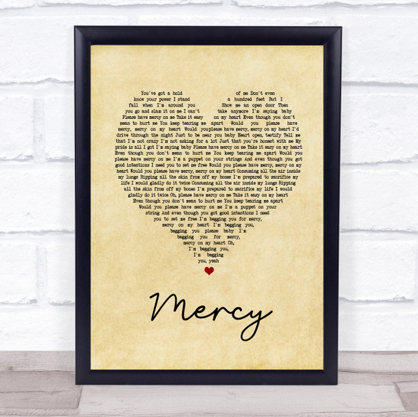 Shawn Mendes Mercy Vintage Heart Song Lyric Quote Print