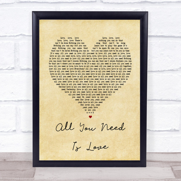 The Beatles All You Need Is Love Vintage Heart Song Lyric Quote Print