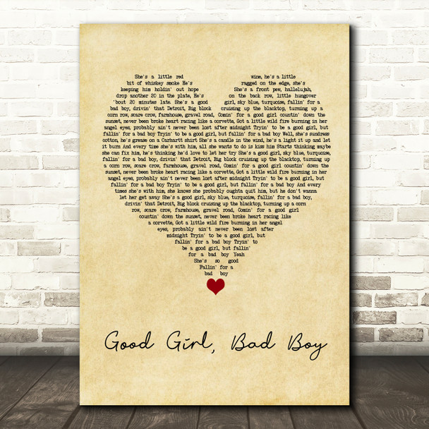 Florida Georgia Line Good Girl, Bad Boy Vintage Heart Song Lyric Wall Art Print