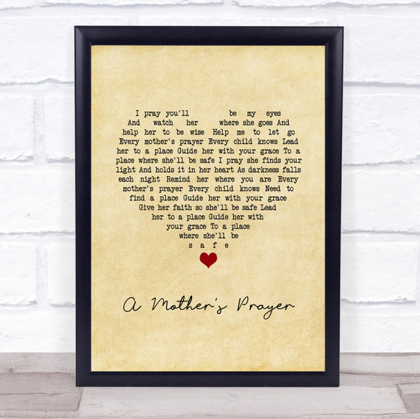 Celine Dion A Mother's Prayer Vintage Heart Song Lyric Wall Art Print