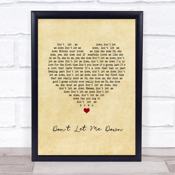 The Beatles Don't Let Me Down Vintage Heart Song Lyric Wall Art Print