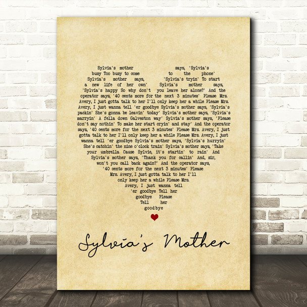 Dr. Hook Sylvia's Mother Vintage Heart Song Lyric Wall Art Print