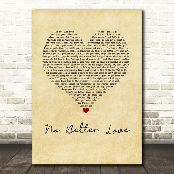 Jacquees & Dej Loaf No Better Love Vintage Heart Song Lyric Wall Art Print