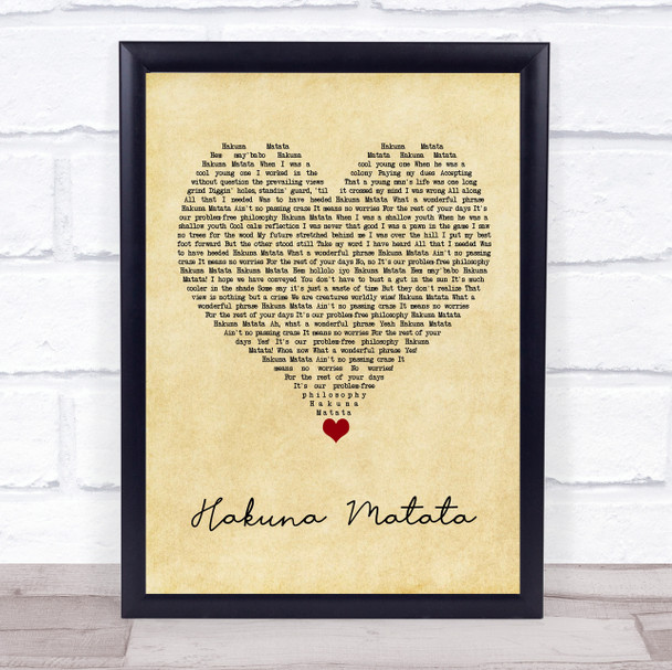 Elton John Jimmy Cliff Hakuna Matata Vintage Heart Song Lyric Wall Art Print