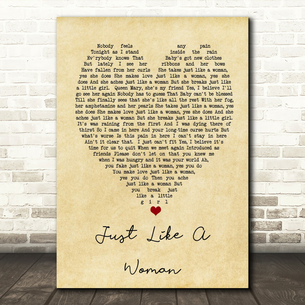 Just Like A Woman Bob Dylan Vintage Heart Quote Song Lyric Print