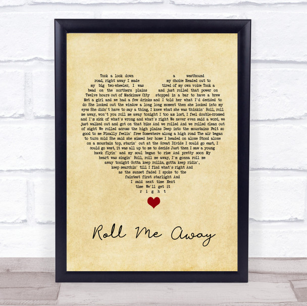 Bob Seger Roll Me Away Vintage Heart Song Lyric Wall Art Print