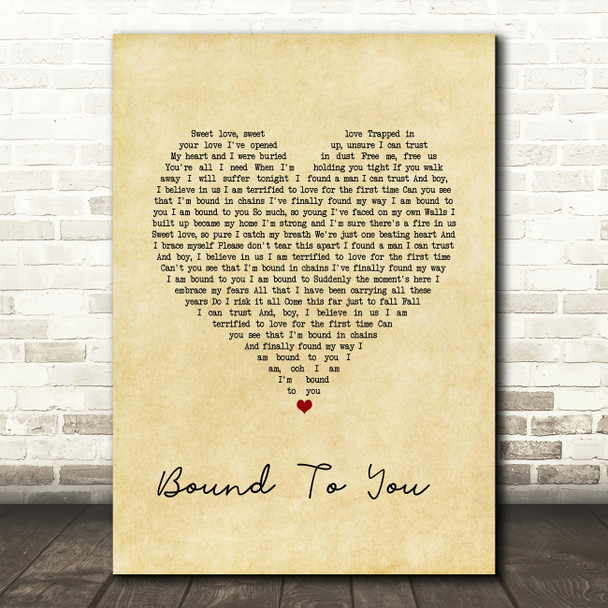 Christina Aguilera Bound To You Vintage Heart Song Lyric Wall Art Print