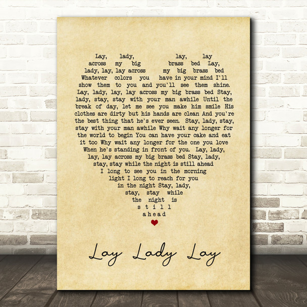 Lay Lady Lay Bob Dylan Vintage Heart Quote Song Lyric Print