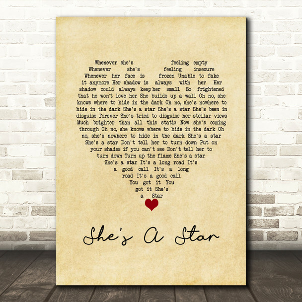 James She's A Star Vintage Heart Song Lyric Wall Art Print