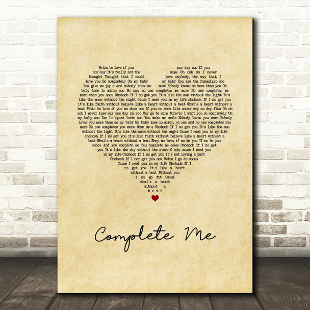 Simi Complete Me Vintage Heart Song Lyric Wall Art Print