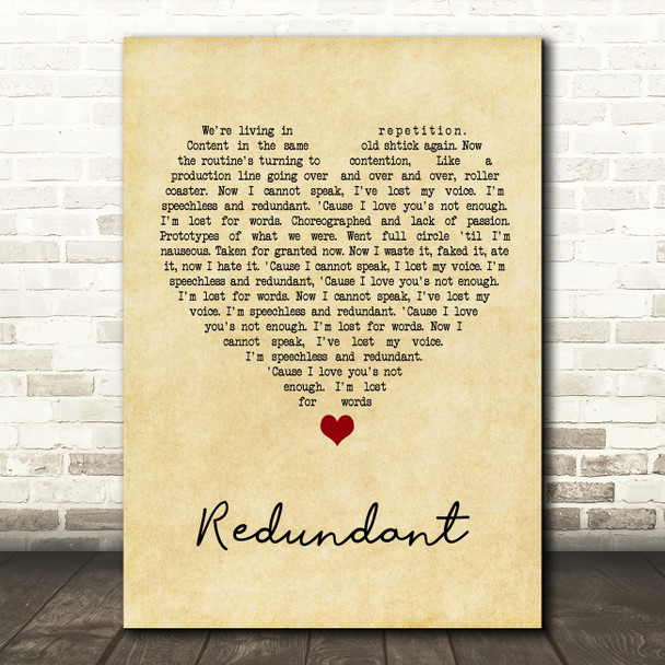 Green Day Redundant Vintage Heart Song Lyric Wall Art Print