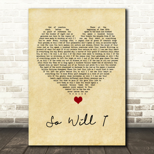 Hillsong United So Will I Vintage Heart Song Lyric Wall Art Print