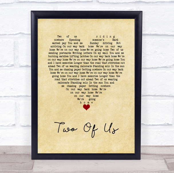 The Beatles Two Of Us Vintage Heart Song Lyric Wall Art Print