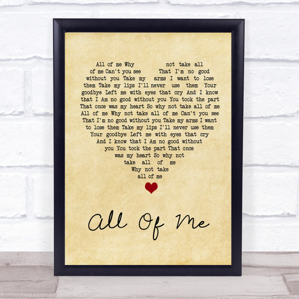 Willie Nelson All Of Me Vintage Heart Song Lyric Wall Art Print