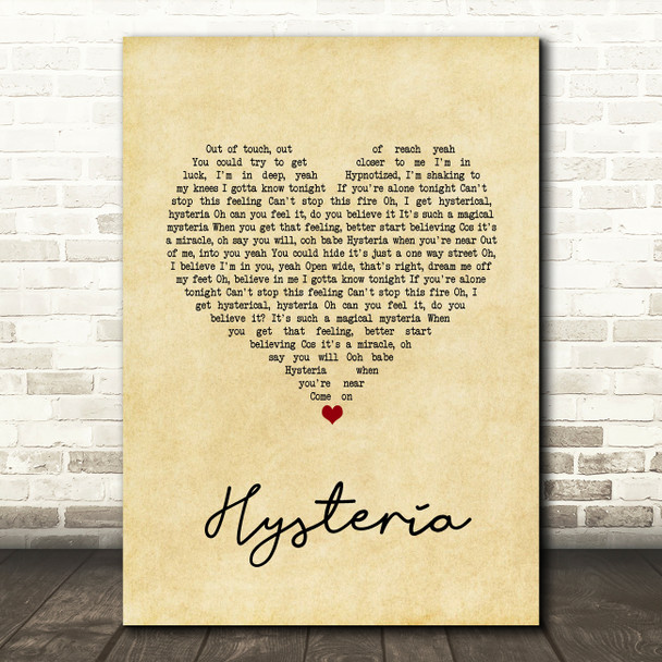 Def Leppard Hysteria Vintage Heart Song Lyric Wall Art Print