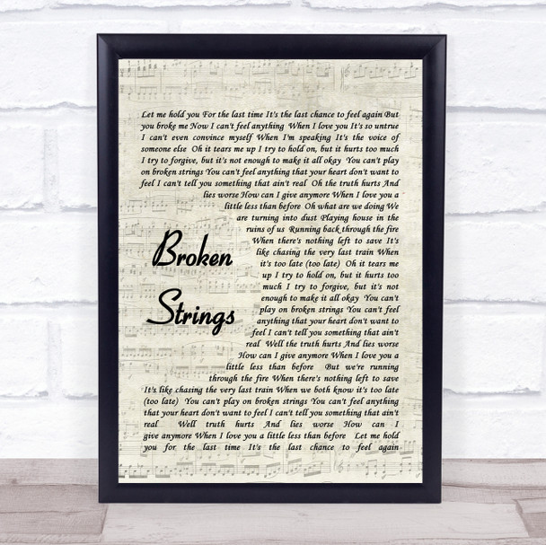 Broken Strings James Morrison Song Lyric Vintage Script Quote Print