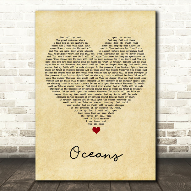 Hillsong United Oceans Vintage Heart Song Lyric Wall Art Print