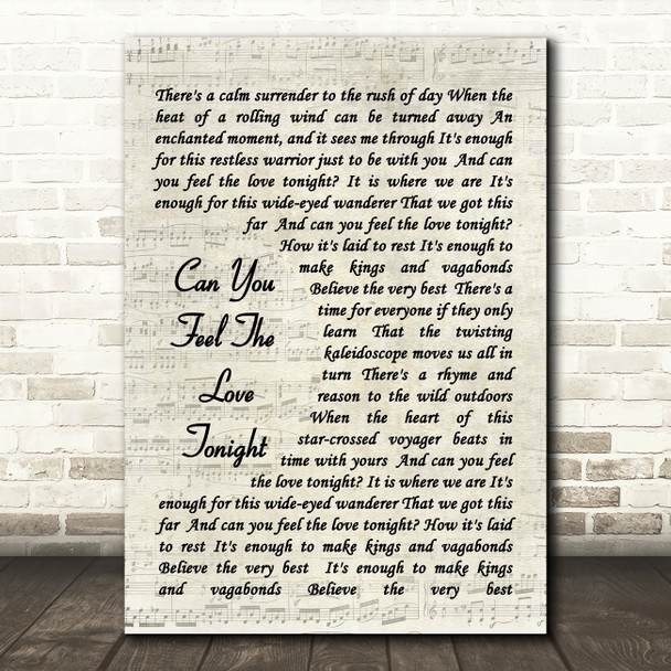 Can You Feel The Love Tonight Elton John Song Lyric Vintage Script Quote Print