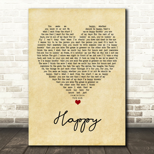 Never Shout Never Happy Vintage Heart Song Lyric Wall Art Print