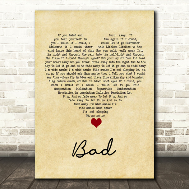 U2 Bad Vintage Heart Song Lyric Wall Art Print