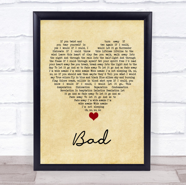 U2 Bad Vintage Heart Song Lyric Wall Art Print