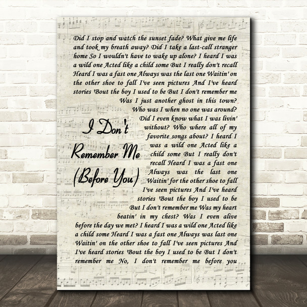 Brothers Osborne I Don't Remember Me (Before You) Vintage Script Song Lyric Wall Art Print