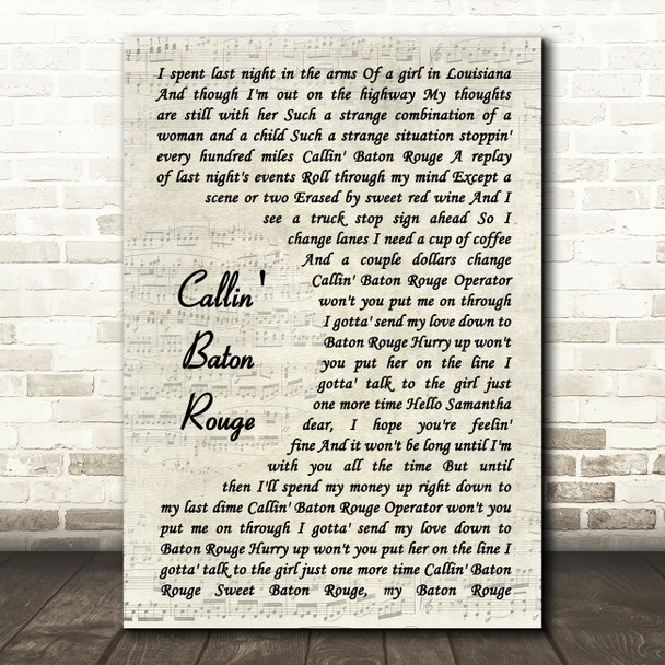 Garth Brooks Callin' Baton Rouge Vintage Script Song Lyric Wall Art Print