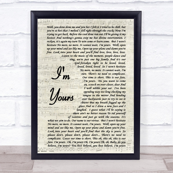 I'm Yours Jason Mraz Song Lyric Vintage Script Quote Print