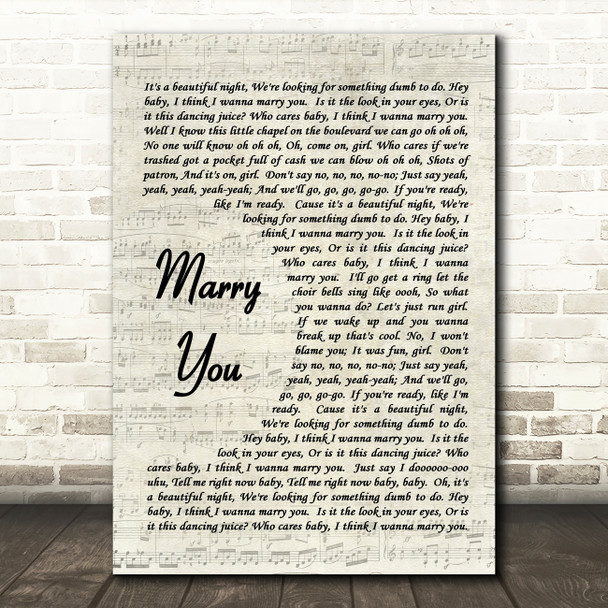 Marry You Bruno Mars Song Lyric Vintage Script Quote Print