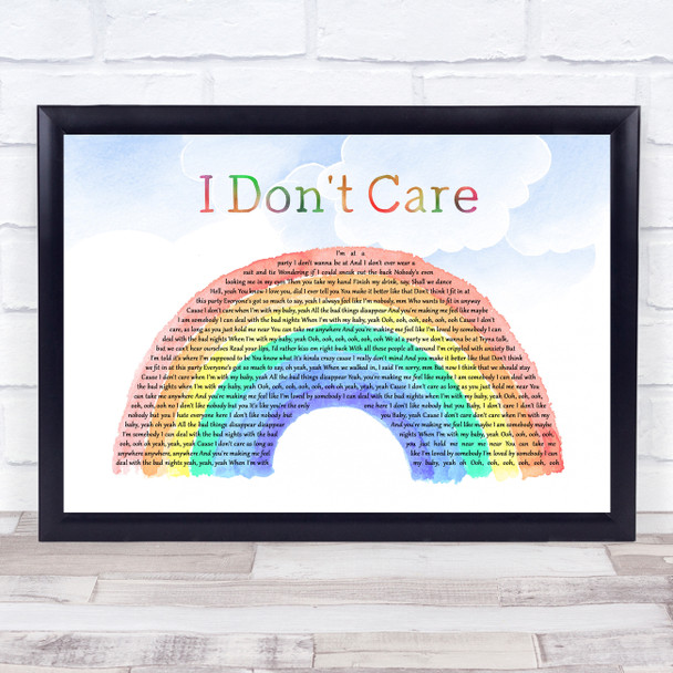 Ed Sheeran & Justin Bieber I Don't Care Watercolour Rainbow & Clouds Song Lyric Wall Art Print