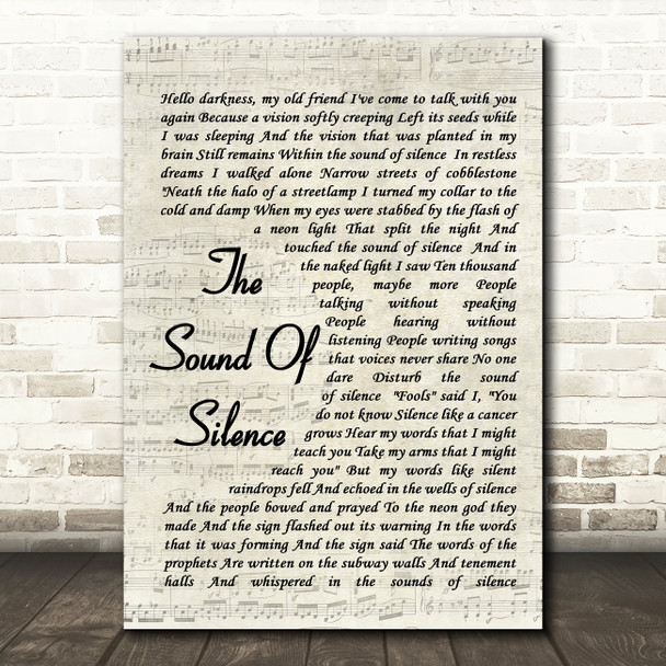 The Sound Of Silence Simon & Garfunkel Song Lyric Vintage Script Quote Print